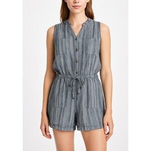 Kelly Renee black gray one piece button up romper elastic waist with pockets